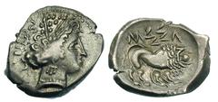 SOUTHERN FRANCE AND NORTHERN ITALY. Imitations of Massalia. AR drachm (3.09 gm). Head of nymph right, wearing pearl necklace and triple pendant earring, wreathed with grain / ΜΣΣΛ, stylized lion right