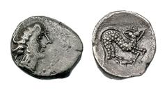 SOUTHERN FRANCE AND NORTHERN ITALY. Imitations of Massalia. AR diobol (1.50 gm). Head of nymph right, wearing triple pendant earring / Stylized lion right, head facing, entire body textured with pelle