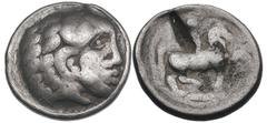 EARLY IMITATIONS OF PHILIP II TETRADRACHMS. AR tetradrachm (14.46 gm). Bartkranzavers (Zeus-Herakleskopf) type. Head of bearded Heracles right / Horseman trotting right. Göbl OTA 112. Very rare issue,