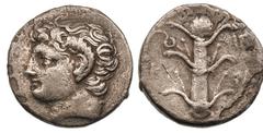 CYRENAICA. Cyrene. Ca. 308–277 BC. AR stater (6.91 gm). Horned head of Apollo Carneios left / KY—P[A], silphium plant, coiled serpent on second leaf on left, moneyer’s signature ΙΠΟ (last two in monog