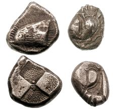LOT OF 2 GREEK SILVER DRACHMS. Paphlagonia, Sinope, ca. 490–425 BC, AR drachm (5.83 gm), head of eagle left / two incuses (SNG BM 1359–1365). Cyrenaica, Cyrene, ca. 525–480 BC, AR drachm (3.33 gm), tw