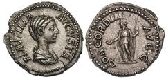ROMAN EMPIRE. Plautilla (AD 202–205). AR denarius (3.23 gm). Rome. PLAVTILLA AVGVSTA, draped bust of Plautilla right, hair in bun at back, dotted border / CONCORDIA AVGG, Concordia standing facing, he