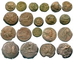 Lot of 10 republican bronzes. Æ as (24.82 gm), C. Maianius, ca. 150 BC (RRC 203/2); as (12.54 gm), L. Saufeius, ca. 149 (RRC 204/2); semis (14.37 gm), ca. 211-206 (RRC 63/3); semis (12.76 gm), ca. 206