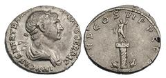 Trajan (AD 98-117). Silver denarius (3.50 gm). AD 114-117. IMP CAES NER TRAIAN[O O]PTIMO AVG GER DAC, laureate, draped bust right / [P M] TR P COS VI P P SPQ[R], Columna Traiana surmounted by statue o