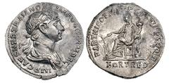 Trajan (AD 98-117). Silver denarius (3.01 gm). AD 116-117. IMP CAES NER TRAIAN OPTIM AVG GERM DAC, laureate, draped bust right / PARTHICO P M TR P COS VI P P SPQR, Fortuna seated left, grasping rudder