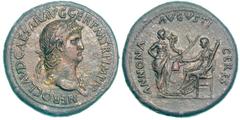 Nero (AD 54-68). Brass sestertius (27.57 gm). Ca. 64. NERO CLAVD CAESAR AVG GER P M TR P IMP P P, laureate bust of Nero right, wearing aegis on far shoulder / ANNONA — AVGVSTI — CERES on three sides, 