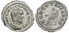 Pupienus (AD 238). Silver denarius (3.02 gm). IMP C M CLOD PVPIENVS AVG, laureate, draped, and cuirassed bust of Pupienus right / CONCORDIA AVGG, Concordia seated left on backless throne, holding pate