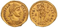 Constantius III (AD 421). Gold solidus (4.42 gm). Ravenna. D N CONSTAN—TIVS P F AVG, diademed, draped, cuirassed bust of Constantius III right / VICTORI—A AVGGG, emperor standing half-right, foot plac