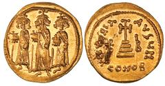BYZANTINE EMPIRE. Heraclius (610-641). Gold solidus (4.44 gm). Constantinople, ca. 638/9(?). Heraclius and sons standing facing, all wearing crown bearing cross and holding globus cruciger / VICTORIA 