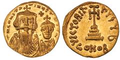 BYZANTINE EMPIRE. Constans II (641-668). Gold solidus (4.35 gm). Constantinople, ca. 654-659. d N CONSTA—TINUS C NSTA, facing busts of Constans II, with long beard, and Constantine IV, beardless, each