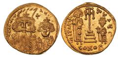 BYZANTINE EMPIRE. Constans II (641-668). Gold solidus (4.34 gm). Constantinople, ca. 661-663. d N CONST—ANTI C, facing busts of Constans II, with long beard, wearing plumed helmet decorated with cross