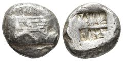 Greek LYCIA, Phaselis. Stater (AR, 20 mm, 10.85 g) c. 530-500 BC. Prow of galley right, terminating in forepart of boar. / Incuse square divided by central band, irregular lines within each section. H