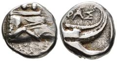 Greek LYCIA, Phaselis. Tetrobol (AR, 13 mm, 3.44 g) c. 500-440 BC. Prow of galley right, terminating in forepart of boar. / ΦΑΣ Stern of galley right. Heipp-Tamer 58. Struck from worn dies. Very fine.