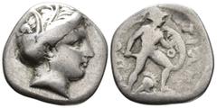 GREEK LOKRIS. Lokris Opuntii. Triobol (AR, 16 mm, 2.54 g) c. 356–338 BC. Wreathed head of Demeter right. / [O]ΠO[N]-TIΩ[N] Ajax advancing right, wearing Corinthian helmet, holding sword in his right h