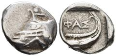 GREEK LYCIA. Phaselis. Tetrobol (AR, 15 mm, 3.37 g) c. 500–440 BC. Prow of galley left in the form of a forepart of a boar. / ΦΑΣ Stern of galley right within incuse square. Heipp-Tamer Series 4, Emis