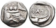 GREEK LYCIA. Phaselis. Tetrobol (AR, 14 mm, 3.44 g) c. 500–440 BC. Prow of galley right in the form of a forepart of a boar. / ΦΑΣ Stern of galley right within incuse square. Heipp-Tamer Series 4, Emi