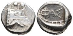 GREEK LYCIA. Phaselis. Tetrobol (AR, 13 mm, 3.42 g) c. 500–440 BC. Prow of galley right in the form of a forepart of a boar. / ΦΑΣ Stern of galley left within incuse square. Heipp-Tamer Series 4, Emis