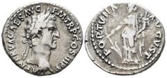 ROMAN IMPERIAL Nerva (AD 96–98). Denarius (AR, 19 mm, 3.35 g) AD 97, Rome mint. IMP NERVA CAES AVG P M TR P COS III P P Laureate head of Nerva right. / FORTVNA AVGVST Fortuna standing front, head left