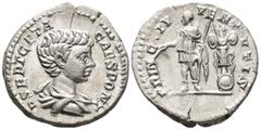ROMAN IMPERIAL Geta, Caesar (AD 198–209). Denarius (AR, 19 mm, 3.25 g) AD 200–202, Rome mint. P SEPT GETA CAES PONT Draped bust of Geta right. / PRINC IVVENTVTIS Geta standing left, in military attire