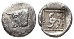 GREEK DYNASTS OF LYCIA.Kuprilli (c. 470–440 BC). Obol (AR, 9 mm, 0.60 g), uncertain mint. Forepart of a bull left / Triskeles, Lycian inscription ('Kop') around, within pelleted linear square border; 
