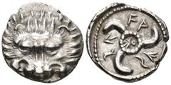 GREEK DYNASTS OF LYCIA.Vekhssere II. (c. 410/00–390/80 BC). 1/3 Stater (AR, 16 mm, 2.85 g), Zagaba or Tymnessos mint. Facing lion's scalp / Lycian inscription ('Vekhssere'), Triskeles, monogram in cen
