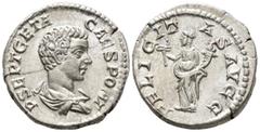 ROMAN IMPERIAL Geta, Caesar (AD 198–209). Denarius (AR, 18 mm, 3.66 g), Rome mint, 198–200. P SEPT GETA CAES PONT Bare-headed and draped bust of Geta right, seen from behind / FELICITAS AVGG Felicitas