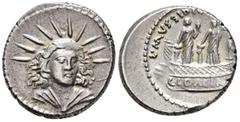 ROMAN REPUBLIC L. Mussidius Longus, 42 BC. Denarius (AR, 18 mm, 3.92 g), Rome mint. Bust of Sol, radiate, draped and facing slightly to right / L MVSSIDI[VS LONGVS] Shrine of Venus Cloacina: Circular 