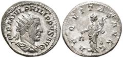 ROMAN IMPERIAL Philippus I Arabs (AD 244–249). Antoninianus (AR, 23 mm, 3.61 g), Rome mint, AD 245–246. IMP M IVL PHILIPPVS AVG Bust of Philip I right, radiate, draped and cuirassed, seen from behind 