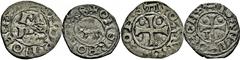 Denier et pougeoise. Pour le denier : A/. M, P et + en triangle. R/. Croix cantonnée de deux globules. Pour l’obole : A/. Vache. R/. Croix longue coupant la légende, cantonnée de deux globules. -?Réfé