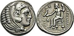 Tétradrachme contemporain, Macédoine, (vers 323-320). A/. Tête d’Héraclès à droite, coiffée de la peau de lion. R/. Zeus assis à gauche, tenant aigle et sceptre. Casque phrygien devant. - Références :