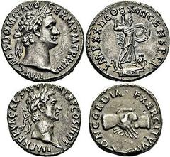 DOMITIEN (81-96). Denier, Rome. (Cohen, n° 289 - Giard, BnF, n° 201 - RIC, n° 187). Argent. 3,27g (6h). Très beau à Superbe. - NERVA (96-98). Denier, Rome. Mains jointes. (Cohen, n° 22 - Giard, BnF, n