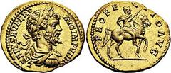 SEPTIME SÉVÈRE (193-211). Aureus, Rome, (197). A/. L SEPT SEV PERT AVG IMP VIIII buste barbu, drapé, lauré et cuirassé à droite de Septime Sévère. R/. PROFE CTIO AVG L’empereur Septime Sévère à cheval