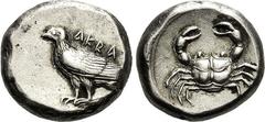 MONNAIES GRECQUES: SICILE ET CARTHAGE SICILE. AGRIGENTE. Didrachme, (550-472). A/. Aigle debout à gauche. R/. Crabe vu par dessous. - Références : SNG, ANS, n° 928 - SNG, Delepierre, n° 520- Babelon 1