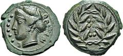 MONNAIES GRECQUES: SICILE ET CARTHAGE Once, (avant 407). A/. Tête de femme à gauche, derrière six points. R/. Six points entre deux branches de laurier.- Références : Calciatti, I, n° 35 p. 43 - SNG, 