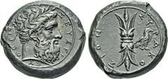 MONNAIES GRECQUES: SICILE ET CARTHAGE Époque de Dion (357-354). Drachme, (vers 357-354). A/. Tête barbue et laurée à droite de Zeus Eleutherios.  R/. Foudre et aigle à droite. - Référence : Calciati, 