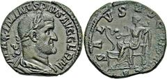 MONNAIES ANTIQUES EMPIRE ROMAIN. MAXIMIN Ier (225-238). Sesterce, Rome, 236-237. A/. Buste lauré, drapé et cuirassé à droite. R/. La Santé assise à gauche, nourrissant un serpent. - Références : Cohen