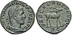 MONNAIES ANTIQUES EMPIRE ROMAIN. PHILIPPE Ier (244-249). Sesterce, Rome, 248. A/. Buste lauré, drapé et cuirassé à droite. R/. Cerf debout à droite. - Références : Cohen, n°183 - RIC, n°160a - Provena