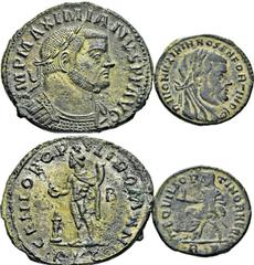 EMPIRE ROMAIN EMPIRE ROMAIN. Follis, Lyon, 301/303. A/ Buste diadémé et cuirassé à droite. R/. Génie. (RIC, n°109b p. 250). Billon. 11,50 g. - Petit bronze posthume, Rome 317-318, 1ère officine. Buste