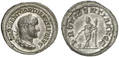 RÖMISCHE MÜNZEN MÜNZEN DER RÖMISCHEN KAISERZEIT Gordianus II. Africanus, 238. AR-Denar, Rom; 3,12 g. Drapierte Büste r. mit Lorbeerkranz//Providentia steht l. mit Stab und Füllhorn an Säule gelehnt, d