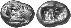 GRIECHISCHE MÜNZEN LYDIA No.: 416 Schätzpreis-Estimation: DM 15000,- Kroisos, 561-546 v. Chr. AV-Stater (leichter Standard), Sardeis; 8,02 g. Löwen- und Stierprotome einander gegenüber//Zwei Incusa. S