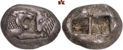 GRIECHISCHE MÜNZEN LYDIA. Kroisos, 561-546 v. Chr. AR-Stater, Sardeis; 10,47 g. Löwen- und Stierprotome einander gegenüber//Zwei Incusa. SNG v. Aulock 2873. Feine Tönung, gutes sehr schön Exemplar der