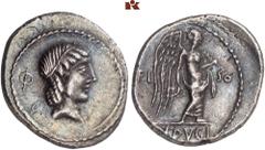 RÖMISCHE MÜNZEN MÜNZEN DER RÖMISCHEN REPUBLIK. AR-Quinar, 90 v. Chr., Rom, L. Calpurnius Piso; 1,58 g. Apollokopf r. mit Lorbeerkranz, dahinter Φ//Victoria geht r. mit Palmzweig. Bab. 13; Banti 167; B