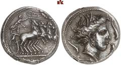 DIE SAMMLUNG ROGER WOLF - CLASSICA ET PATRIA. GRIECHISCHE MÜNZEN. SICILIA. PUNIER AR-Tetradrachme, 350/330 v. Chr., Rasch Melqart (= Kephaloidion?); 16,78 g. Quadriga r., Nike bekränzt Lenker//Weiblic