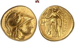 DIE SAMMLUNG ROGER WOLF - CLASSICA ET PATRIA. GRIECHISCHE MÜNZEN. MACEDONIA. KÖNIGREICH Philippos III., 323-316 v. Chr. AV-Stater, 323/317 v. Chr., Abydos; 8,58 g. Athenakopf r. in korinthischem Helm/