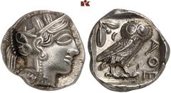 DIE SAMMLUNG ROGER WOLF - CLASSICA ET PATRIA. GRIECHISCHE MÜNZEN. ATTICA. ATHEN AR-Tetradrachme, um 420/405 v. Chr.; 17,18 g. Athenakopf r. mit attischem Helm//In Incusum: Eule r., dahinter Olivenzwei