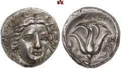 DIE SAMMLUNG ROGER WOLF - CLASSICA ET PATRIA. GRIECHISCHE MÜNZEN. CARIA. RHODOS AR-Tetradrachme, 404/385 v. Chr.; 15,21 g. Helioskopf fast v. v.//Rose, l. Φ, r. Efeublatt und Beeren. Ashton u. a., The