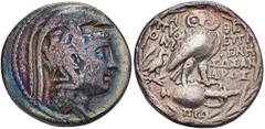 GREEK COINS ATTICA ATHEN. AR-Tetradrachme, Munychion (= April/Mai) 125 v. Chr.; 16,28 g. Athenakopf r. mit attischem Helm//Im Kranz: Eule auf Amphore mit K (hier nicht mehr kenntlich) v. v., l. Adler 