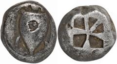 GREEK COINS AEGINA AEGINA. AR-Stater, 525/475 v. Chr.; 11,8 g. Seeschildkröte, darauf Gegenstempel: Chelys//Fünffach geteiltes Incusum. Hoover 434; SNG Delepierre 1678. Kl. Kratzer, fast sehr schön; G