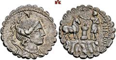 ROMAN COINS MÜNZEN DER RÖMISCHEN REPUBLIK AR-Denar (Serratus), 81 v. Chr., Rom, A. Postumius Albinus; 4,09 g. Drapierte Büste der Diana r., über der Schulter Bogen und Köcher, darüber Bucranium//Togat
