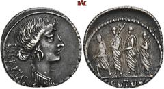 ROMAN COINS MÜNZEN DER RÖMISCHEN REPUBLIK AR-Denar, 54 v. Chr., Rom, M. Junius Brutus; 4,00 g. Libertaskopf r.//Der Konsul L. Junius Brutus geht zwischen zwei Liktoren l., davor Accensus. Bab. 31; BMC